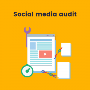 Graphic with an online word document surrounded by tools with text stating social media audit.