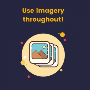Graphic with polaroid's of mountain views with text stating to use imagery throughout your writing!