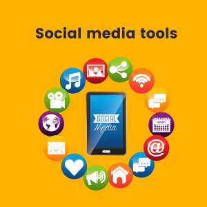 Graphic with a mobile phone with different social media apps surrounding it with text stating social media tools.