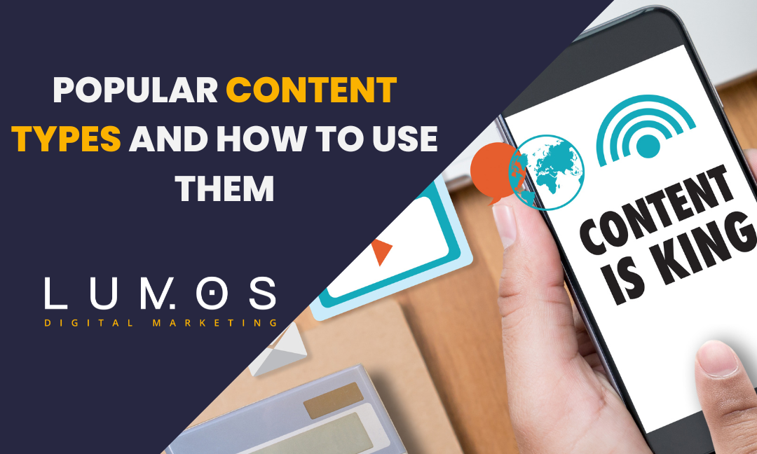 Graphic of someone on their phone with content is king on the phone screen along with the text "popular content types and how to use them"